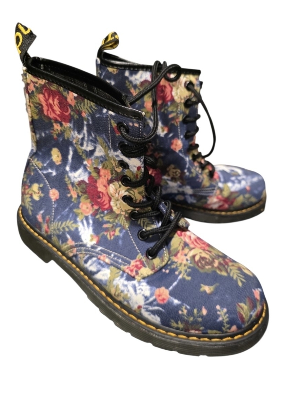Floral Lace-Up Combat Boots - Blue Multicolor